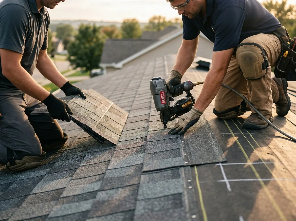Professional roofer working on a residential roof in Brook Park
